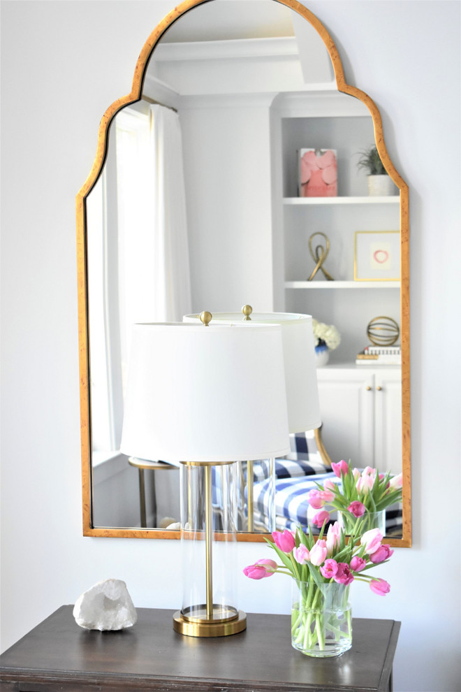 Nightstand Mirror Ideas. Bedroom with mirror above nightstand. Mirror is by Image Home. Nightstand Mirrors #Nightstand #Mirror Kate Abt Design