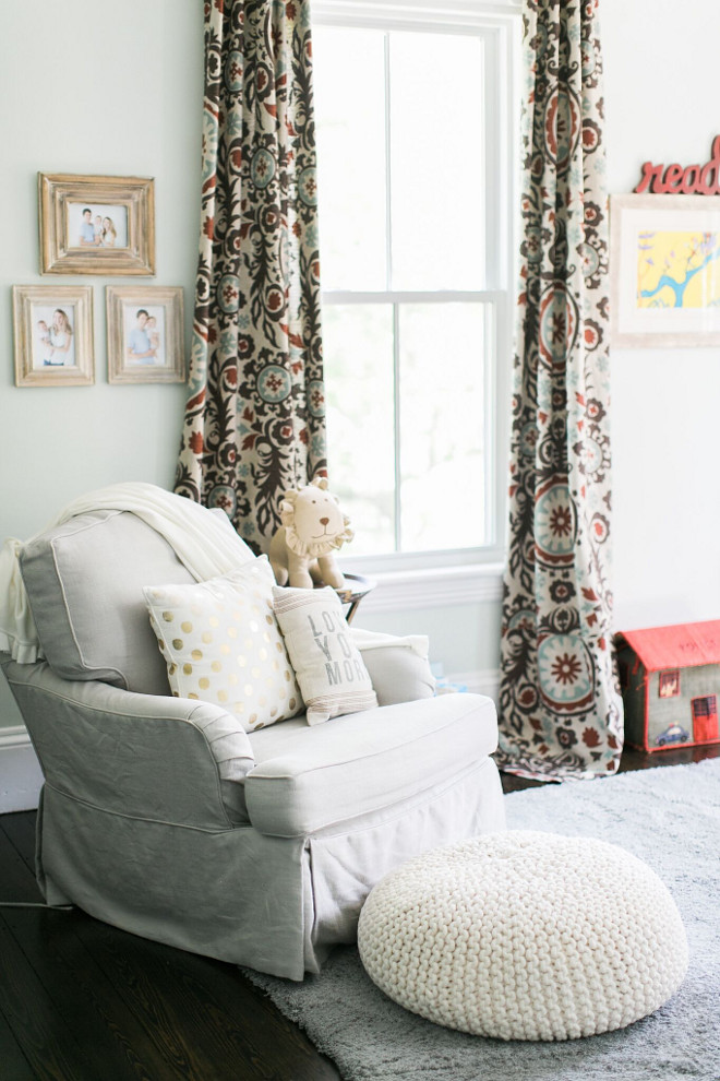Nursery Curtains. Nursery Curtains. Fabric is from onlinefabricstore and is the Suzani Nile/Denton. The glider is from Restoration Hardware. Nursery Curtain Ideas #NurseryCurtains Home Bunch Beautiful Homes of Instagram @finding__lovely