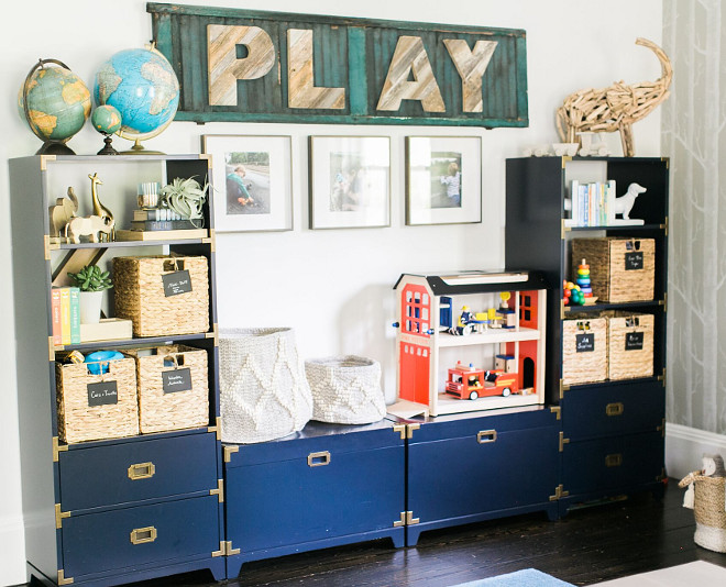 Playroom Storage Cabinet. Playroom Storage Cabinet Ideas. Custom built-ins were not in the budget for the playroom. I waited until Land of Nod had a sale and bought two bookcases and two toy boxes. Perseverance pays off—they look like a solid unit and add interest to the space. Playroom Storage Cabinets. Playroom Storage Cabinet #PlayroomStorageCabinet #PlayroomStorageCabinets #PlayroomStorage #PlayroomCabinet Home Bunch Beautiful Homes of Instagram @finding__lovely