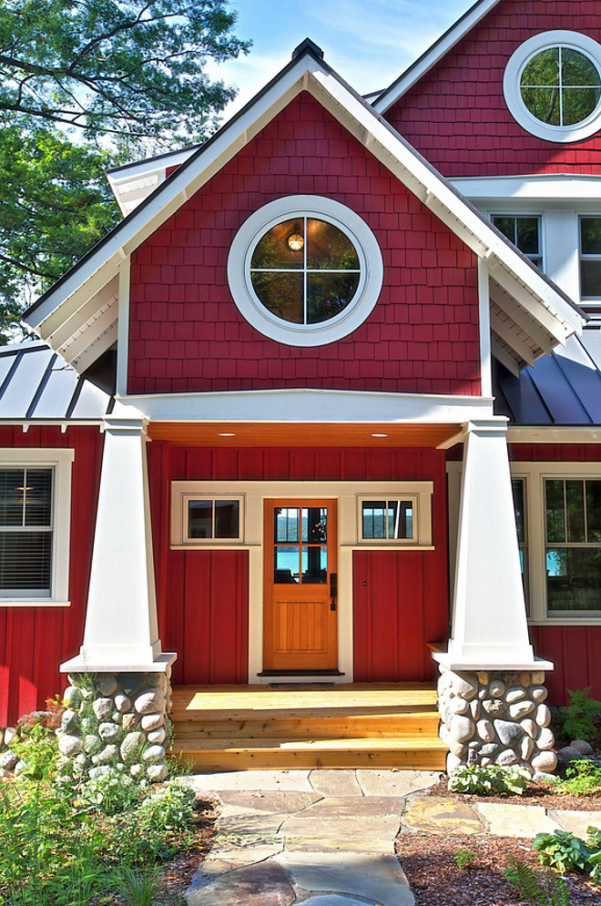 Red Shingle Cottage Craftsman Style tapered columns blend in with a stone. Craftsman Style tapered columns blend in with river rock #RedShingleCottage #ShingleCottage #CraftsmanStyletaperedcolumns #taperedcolumns #Porchtaperedcolumns #Porchcolumns #riverrock #riverrockPorchcolumns MAC Custom Homes