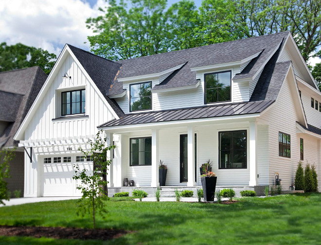 White Farmhouse Exterior. White Farmhouse Exterior: This modern farmhouse features Marvin Ebony clad windows, dark bronze metal roofing, charcoal colored roof shingles, and Bluestone stone at stoop/sidewalk. The exterior body color is Benjamin Moore OC-17 White Dove. White Farmhouse Exterior Ideas. #WhiteFarmhouseExterior #WhiteFarmhouse #Roof #Windows #Paintcolor #sidingpaintcolor #BenjaminMooreWhiteDove Refined LLC