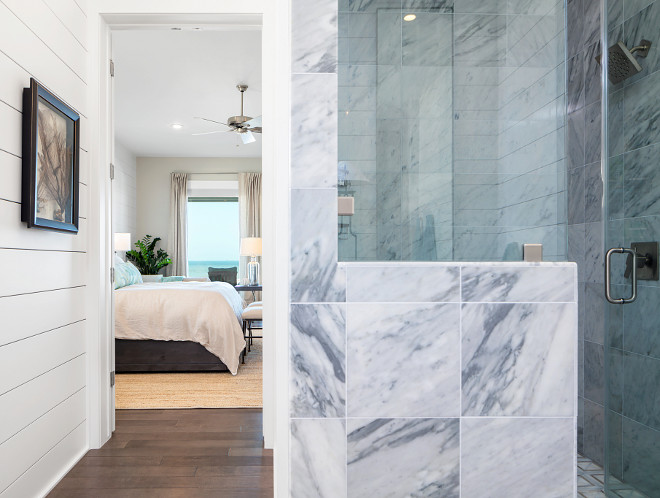 Bathroom with shiplap walls and marble shower - Julie Barrett Design