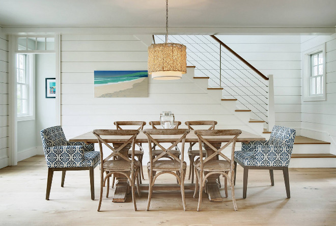 Beachy interiors with shiplap. Beachy interiors with White shiplap walls Whitewashed wood chairs and bleached hardwood floor #beachyinteriors #shiplap #whiteshiplap #bleachedhardwoodfloors Emeritus