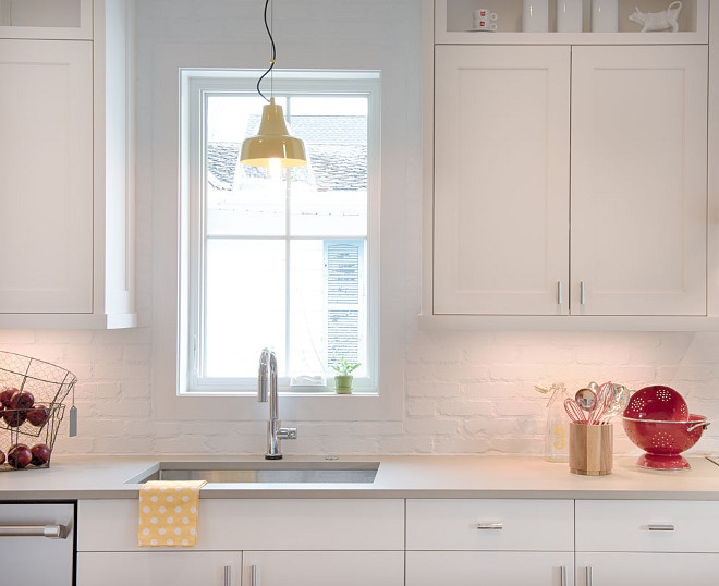 Benjamin Moore White. Benjamin Moore White. I am loving the combination of Pewter Quartz countertop with the white brick backsplash. The walls and cabinets are painted in Benjamin Moore White (ready mix). Benjamin Moore White. Benjamin Moore White. Benjamin Moore White #BenjaminMooreWhite Refined Custom Homes