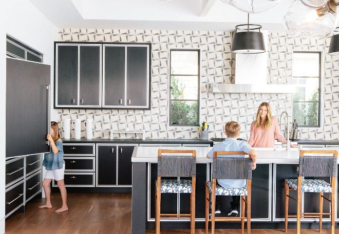 Black and white transitional kitchen with black and white cement tile backsplash Patterson Custom Homes