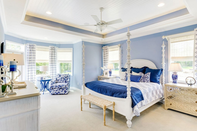 Blue and white master bedroom. Blue and white master bedroom with tray beadboard ceiling. Blue and white master bedroom #Blueandwhite #Blueandwhitebedroom #masterbedroom #trayceiling #beadboardceiling Echelon Interiors