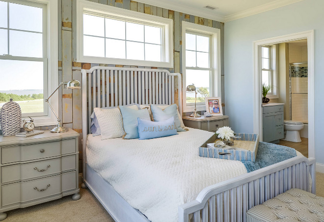 Coastal Blue Bedroom. Coastal Cottage Blue Bedroom Paint Color Sherwin Williams Copen Blue. The accent wall is a laminate flooring, applied vertically - Nuvelle Beach House Lagoon Laminate Floor. Coastal Cottage Blue Bedroom Design. Coastal Cottage Blue Bedroom Decor. Coastal Cottage Blue Bedroom Ideas Sherwin Williams Copen Blue. Sherwin Williams SW 0068 Copen Blue #SherwinWilliamsCopenBlue #CoastalBlueBedroom #BlueBedroom #CoastalCottageBlueBedroom #CottageBlueBedroom #CottageBlueBedroomDesign #CottageBlueBedroomDecor #CottageBlueBedroomIdeas Echelon Interiors