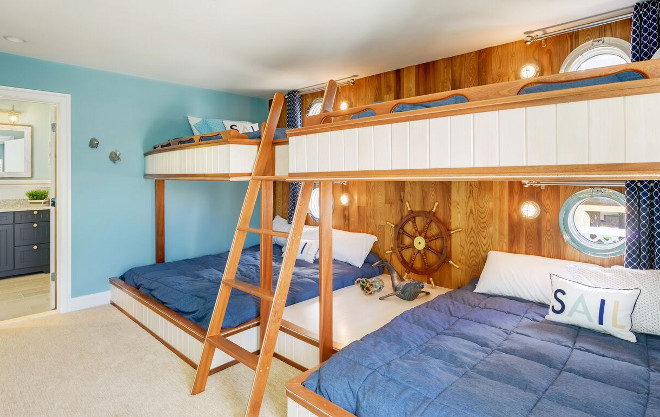 Coastal Bunk Room with custom Bunk Beds. The boy's bunkroom features custom bunk beds and a classic coastal look. Echelon Interiors