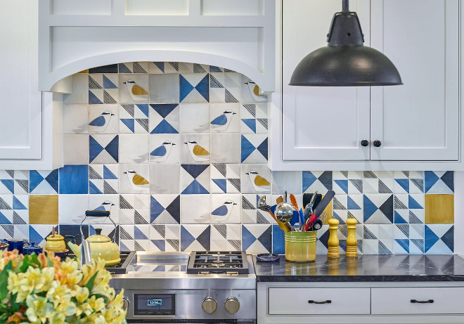 Coastal Kitchen Backsplash. Isn't this coastal backsplash tile adorable? It's perfect for a beach cottage Backsplash tiles are from Waterworks. Cabinets feature inset doors with shaker panels. #CoastalKitchen #Backsplash #coastalbacksplash Nancy Serafini Interior Design