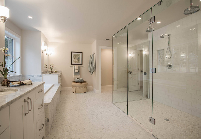 Curbless shower. Master bathroom with Curbless shower. The master bathroom features a long and wide curbless walk-in shower. Curbless shower ideas. Curbless shower #Curblessshower #curblesswalkinshower #walkinshower Calista Interiors
