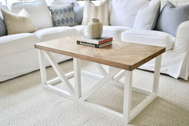 DIY Coffee table. My favorite furniture piece in this space is our coffee table. It was a labor of love built by my husband. The herringbone top took a few weekends to complete and it is a piece we will all treasure forever. #DIYCoffeetable #coffeetabletutorial Home Bunch's Beautiful Homes of Instagram @sweetthreadsco