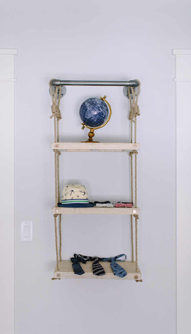 DIY Rope and Industrial pipe shelf ideas. This Rope and Industrial pipe shelf is from Restoration Hardware but you can do it for much less money. Bookshelf is Restoration Hardware Industrial Pipe & Rope Shelf - 18" Weathered White -$219 Rope and Industrial pipe shelf ideas #RopeIndustrialpipeshelf #diy #Ropepipeshelf Kate Marker Interiors
