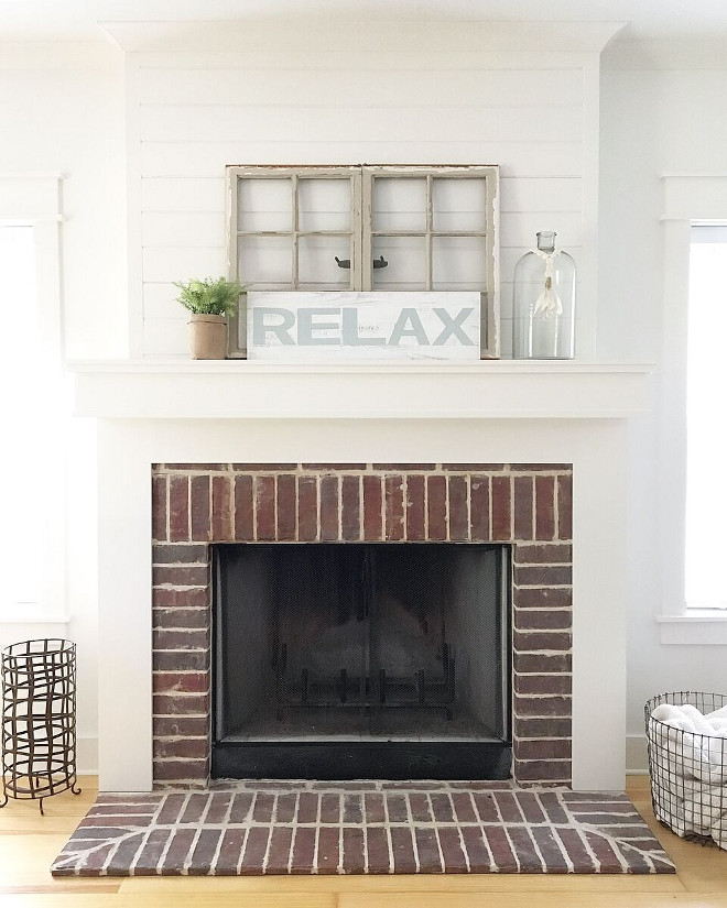 Farmhouse brick and shiplap fireplace. Farmhouse brick and shiplap fireplace. The brick around the fireplace is the same as the skirt on the exterior of the home and I love how it brings warmth into this room. The mantel with the clean, simple lines, mimics the trim throughout the rest of the home. Remember, consistency! Shiplap! Originally I wanted shiplap in several areas of our home, but towards the end of the project, time and money restraints limited us. However, I did manage to get shiplap over the fireplace! The "shiplap" here is the same material as the flooring, but turned backwards. The backside had these wonderful grooves in the joint! Farmhouse brick and shiplap fireplace DIY Farmhouse brick and shiplap fireplace #Farmhouse #brickandshiplapfireplace Home Bunch's Beautiful Homes of Instagram @theclevergoose