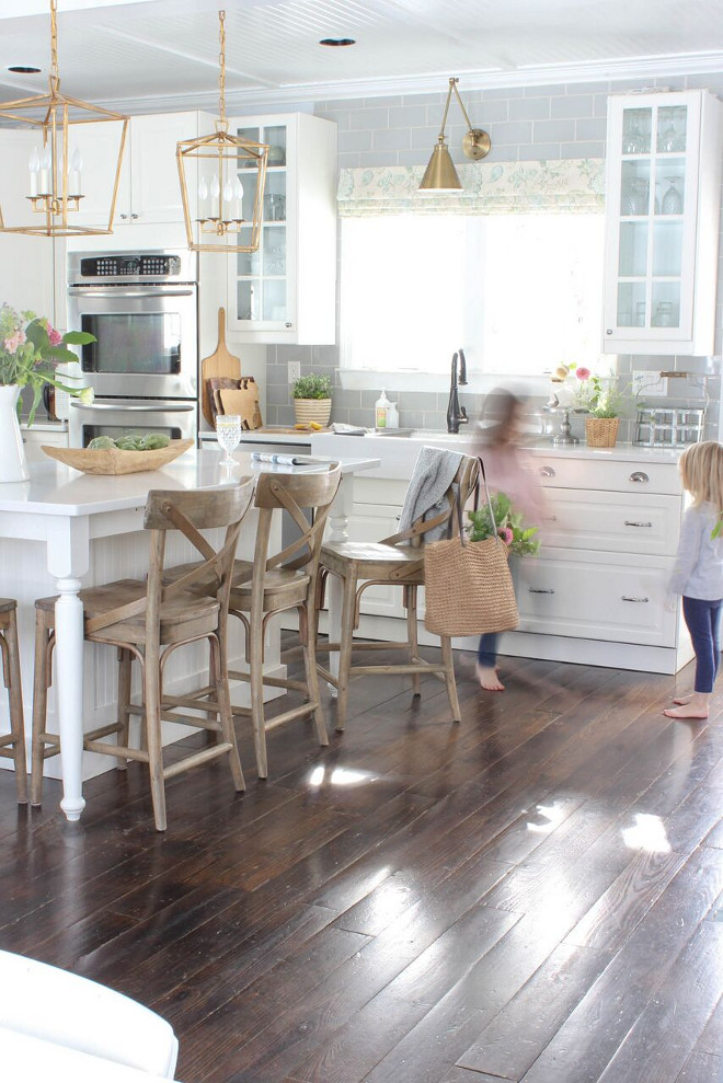 Farmhouse kitchen features original hardwood flooring. Flooring - Some Original, Some Yellow Pine, stained in Jacobean by Minwax. #farmhouse #farmhousekitchen #originalhardwoodflooring #Flooring #Originalhardwoof #YellowPine #Jacobean #Minwax #farmhousekitchens features original hardwood flooring. Flooring - Some Original, Some Yellow Pine, stained in Jacobean by Minwax Home Bunch's Beautiful Homes of Instagram laura_willowstreetinteriors