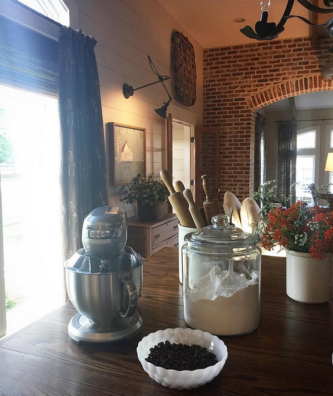 Farmhouse kitchen with butcher block countertop, shiplap and brick walls. The island countertop is oak. Home Bunch's Beautiful Homes of Instagram @blessedmommatobabygirls