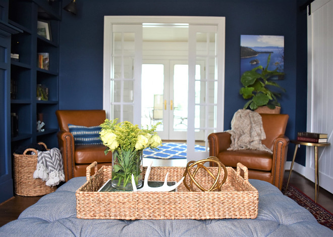 Farmhouse living room. Farmhouse living room with navy walls, sliding bar door and sliding pocket doors. Farmhouse living room #Farmhouselivingroom