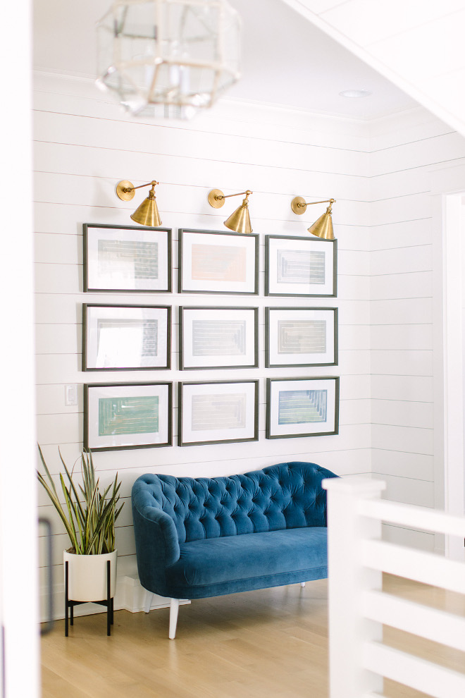 Foyer Gallery Wall. Gallery Wall Ideas. Foyer shiplap walls and Gallery Wall #GalleryWall #Foyer #Entry #Shiplap Kate Marker Interiors