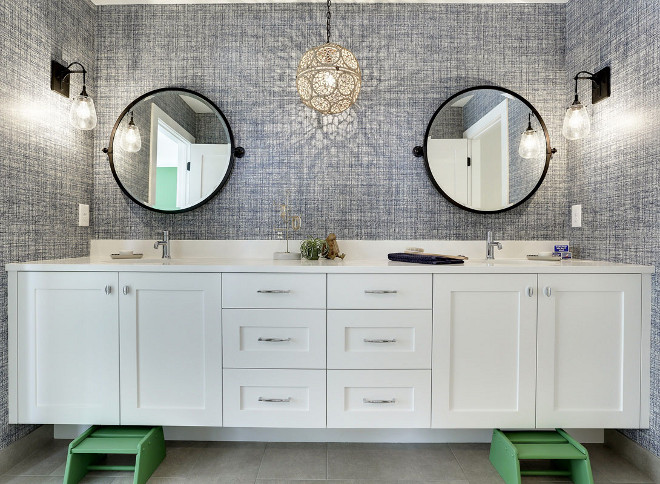 Kids Farmhouse Bathroom. Kids Farmhouse Bathroom. This farmhouse-inspired jack-and-jill bathroom features two sinks and a great wallpaper. The industrial sconces are Sonneman's Chelsea Sconce 4286 - $180 Countertop is HanStone quartz, Royal Blanc. Kids Farmhouse Bathroom #KidsFarmhouseBathroom Refined Custom Homes