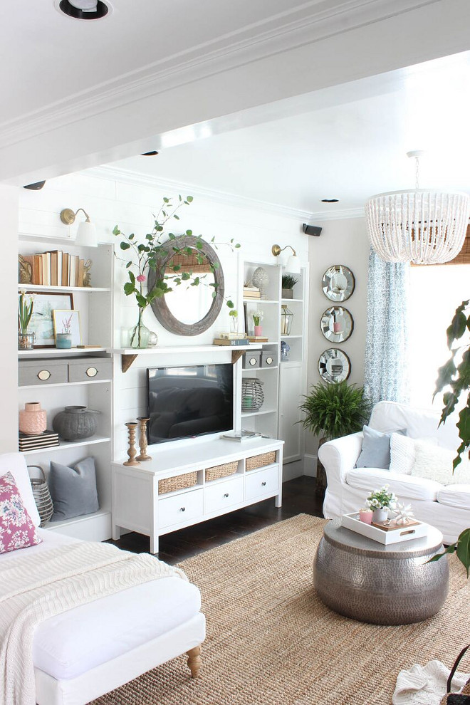 Living room renovation. How to add bookshelves to a living room. We also added built in bookshelves and shiplap to create a focal point in the living room #livingroom #livingroombookshelves Home Bunch's Beautiful Homes of Instagram @laura_willowstreetinteriors