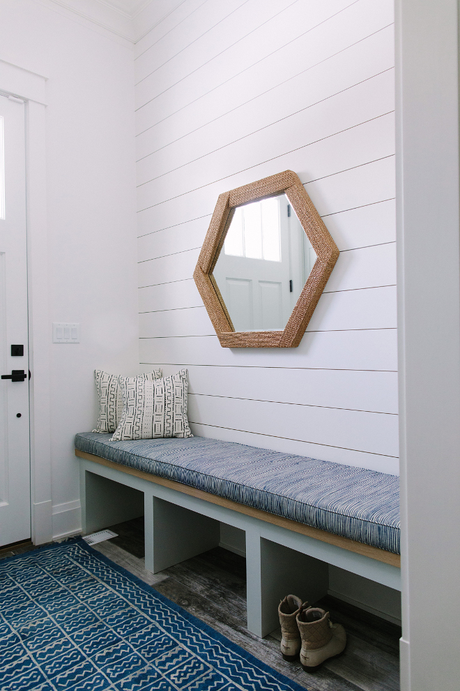Mudroom Entry with built in bench, shiplap and kilim runner. Mudroom Entry with built in bench, shiplap and kilim runner. Mudroom Entry with built in bench, shiplap and kilim runner. Mudroom Entry with built in bench, shiplap and kilim runner ideas #Mudroom #Entry #builtinbench #entrybench #shiplap #kilimrunner Kate Marker Interiors