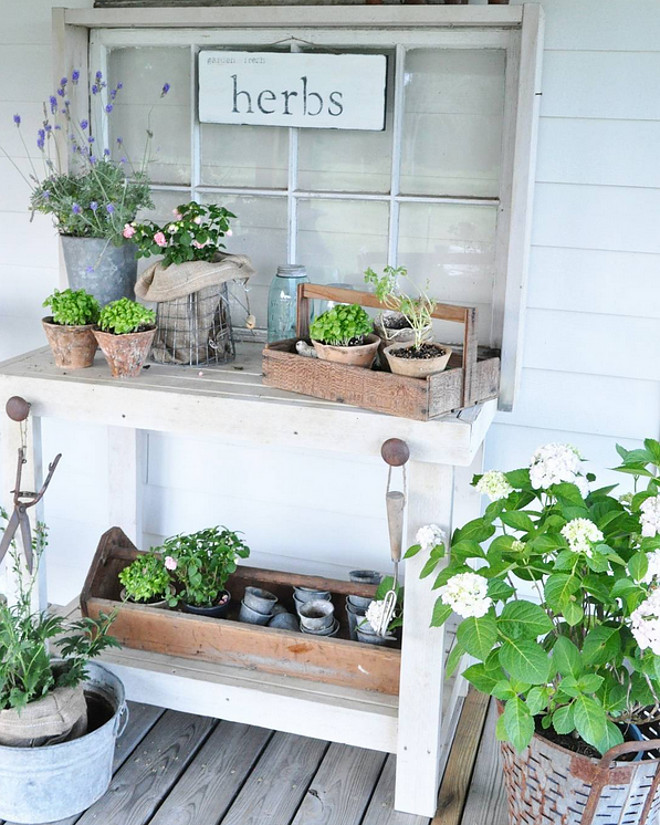 Porch. Farmhouse Porch. Porch. Farmhouse Porch. Porch. Time in the garden is my favorite! Potting table is from an antique shop. Farmhouse Porch #Porch #FarmhousePorch Home Bunch's Beautiful Homes of Instagram @becky.cunningham.home