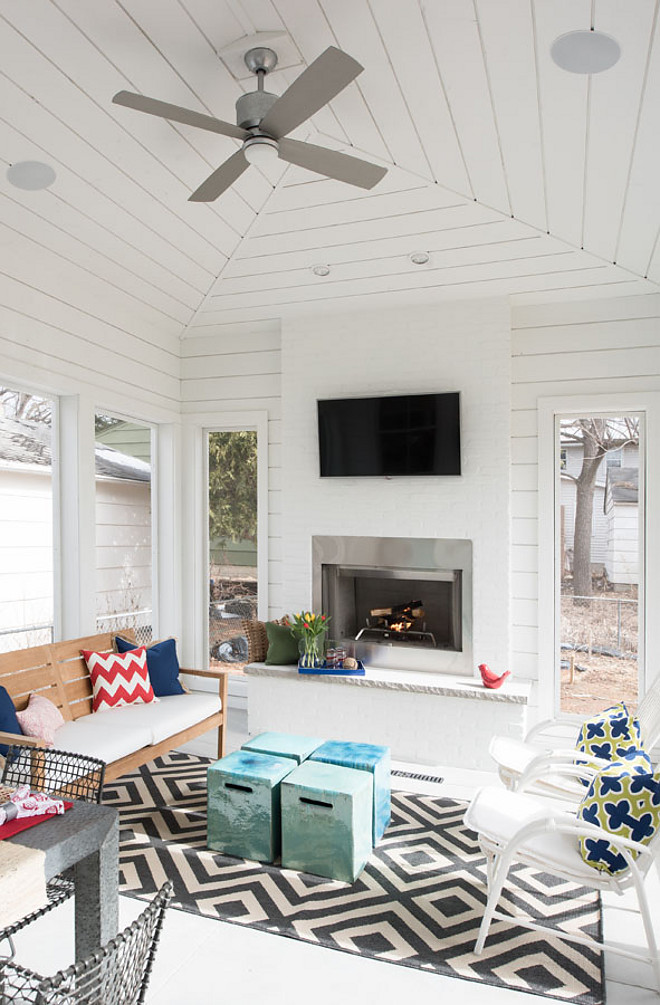 Shiplap Porch. Shiplap Porch Ideas. The screened-in porch features painted cedar shiplap. Paint color is Benjamin Moore White. Shiplap Screened in Porch. Shiplap Porch. Shiplap Porch Ideas. Shiplap Screened in Porch #ShiplapPorch #Shiplap #Porch #ShiplapScreenedinPorch #ScreenedinPorch Refined Custom Homes