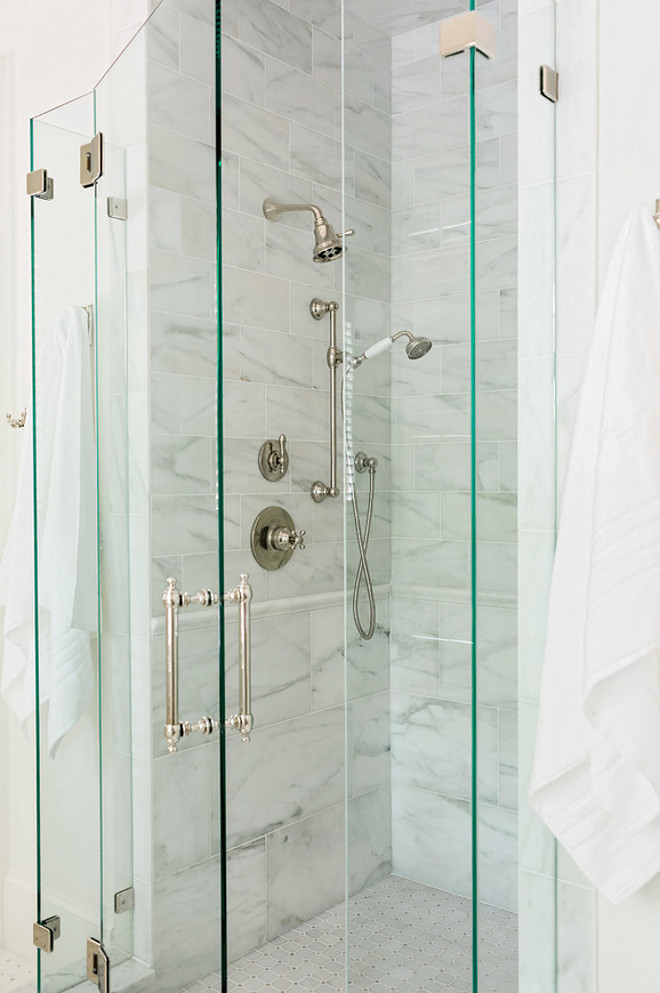 Small Shower. Small Shower with white marble tile. Small Shower. Small Shower. Small Shower with white marble tile #SmallShower #shower #whitemarbletile Curran & Co. Architects