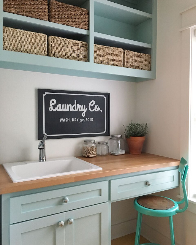 Turquoise Farmhouse Laundry Room Sherwin Williams Waterscape. Sherwin Williams Waterscape #TurquoiseLaundryroom #Farmhouse #LaundryRoom#FarmhouseLaundryRoom #PaintColor #SherwinWilliamsWaterscape Home Bunch's Beautiful Homes of Instagram @theclevergoose