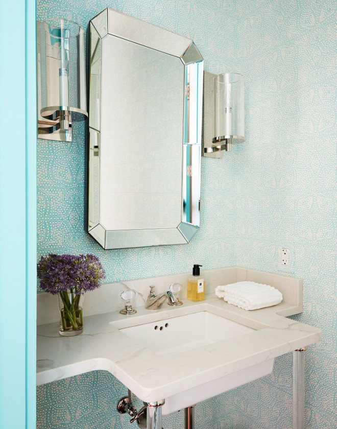 Turquoise Wallpaper. Turquoise Powder Room wallpaper. The turquoise door, painted in Benjamin Moore 739 Un-Teal We Meet Again, works perfectly with the turquoise wallpaper. Turquoise Wallpaper. Turquoise Powder Room wallpaper ideas. Turquoise Wallpaper. Turquoise Powder Room wallpaper #TurquoiseWallpaper #Turquoise #PowderRoom #wallpaper Andrew Howard Interior Design