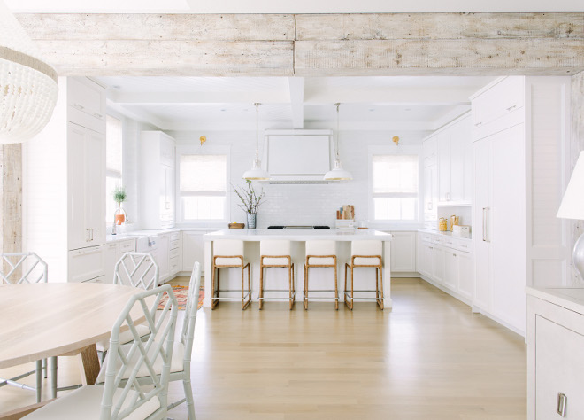 White Kitchen with Whitewashed Beams. This crisp white kitchen is anchored by custom whitewashed timbers. Crisp White Kitchen with Whitewashed Beams. White Kitchen with Whitewashed Beam ideas #WhiteKitchen #kitchen #whitewashedBeams Kate Marker Interiors