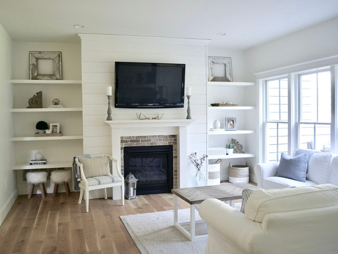White living room with brick and shiplap fireplace. White living room with brick and shiplap fireplace ideas. White living room with brick and shiplap fireplace. White living room with brick and shiplap fireplace #Whitelivingroom #brickandshiplapfireplace Home Bunch's Beautiful Homes of Instagram @sweetthreadsco