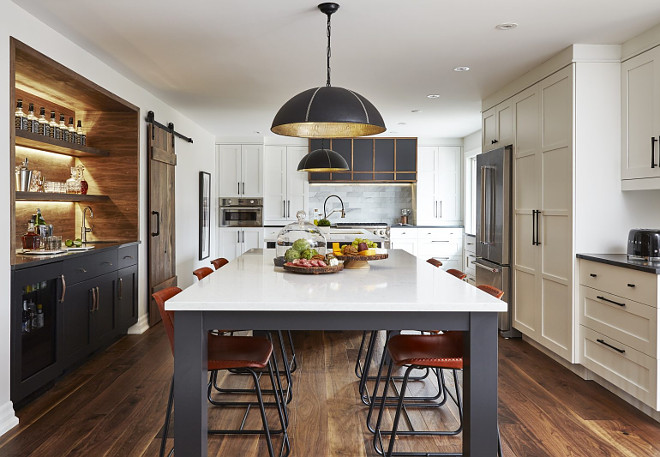 Tricorn Black by Sherwin-Williams. Island and kitchen bar cabinet paint color Tricorn Black by Sherwin-Williams. Tricorn Black by Sherwin-Williams. #TricornBlackbySherwinWilliams Square Footage Inc.
