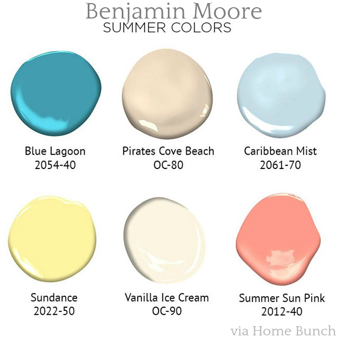 Benjamin Moore Summer Paint Colors. Benjamin Moore 2054-40 Blue Lagoon. Benjamin Moore OC-80 Pirates Cove Beach. Benjamin Moore 2061-70 Caribbean Mist. Benjamin Moore 2022-50 Sundance. Benjamin Moore OC-90 Vanilla Ice Cream. Benjamin Moore 2012-40 Summer Sun Pink. #BenjaminMoore #SummerPaintColors #PaintColors #BenjaminMoorePaintColors #BenjaminMooreBlueLagoon #BenjaminMooreOC80PiratesCoveBeach #BenjaminMooreCaribbeanMis #BenjaminMooreSundance #BenjaminMooreOC90VanillaIceCream #BenjaminMooreSummerSunPink Via Benjamin Moore