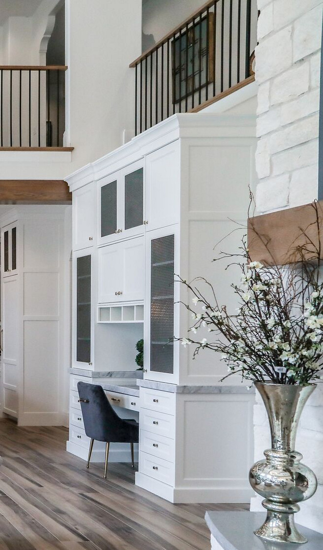 Kitchen Desk Cabinet. Kitchen Desk Cabinet. The desk area is practical and pretty. Cabinet paint color is Benjamin Moore White Dove. Kitchen Desk Cabinet. Kitchen Desk Cabinet #Kitchen #Desk #DeskCabinet Tree Haven Homes. Danielle Loryn Design