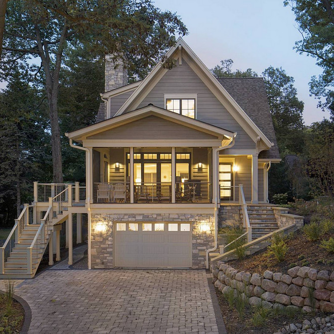 Lake House Exterior Paint Color and exterior stone. Lake house exterior paint color Hallman Lindsay Place of Dust. Exterior stone Halquist Stone Kensington. #lakehouse #lakehouseExterior #exterior #paintcolor #exteriorstone #stone Lake Geneva Architects