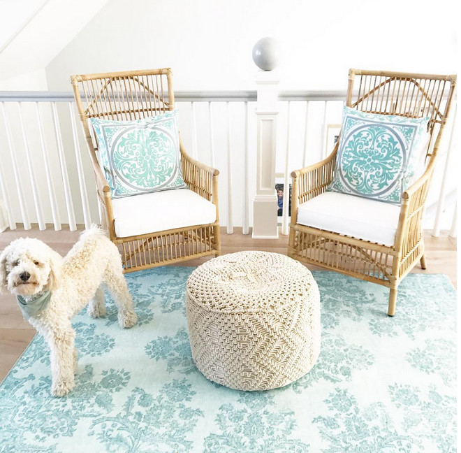 Landing Area Ideas. Turn your that awkward area in your upstairs hallway into a seating area. Chair are from Wayfair and Rug is from Home Goods #landingarea #landing #chairs #rug Artisan Signature Homes