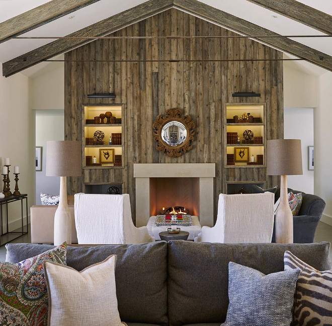 Living room features Barn wood clad fireplace with exposed rafters and collar ties. Living room features Barn wood clad fireplace with exposed rafters and collar ties #Livingroom #Barnwoodfireplace #exposedrafters Holder Design Associates