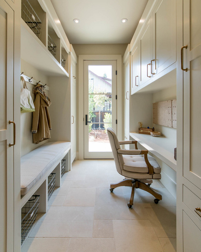 Mudroom Floor Tile. Mudroom Floor tile ideas. Mudroom features neutral floor tile. Tile is Portland White natural stone in Versailles pattern #mudroom #floortile #neutraltile #naturalstone Holder Design Associates