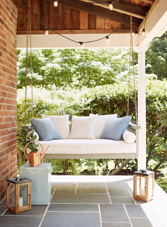 Porch swing with exposed brick, reclaimed wood shiplap ceiling and bluestone floor tile. Farmhouse Porch swing with exposed brick, reclaimed wood shiplap ceiling and bluestone floor tile #Porch #swing #exposedbrick #reclaimedwood #shiplap #reclaimedwoodshiplap #shiplapceiling #bluestone #floortile #farmhouseporch #farmhouseporchswing JTW Design