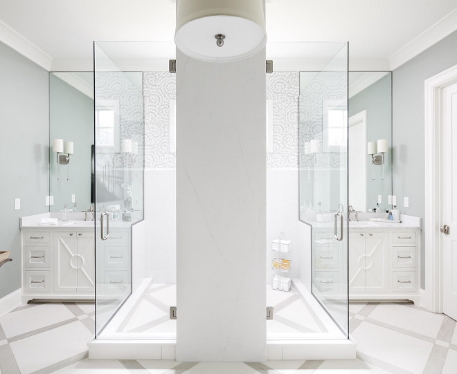Shower. Shower ideas. I am loving the floor and the quartz tower in the middle of the shower with the mitered corners. #bathroom #shower #quartz #tile #showercorner Artisan Signature Homes