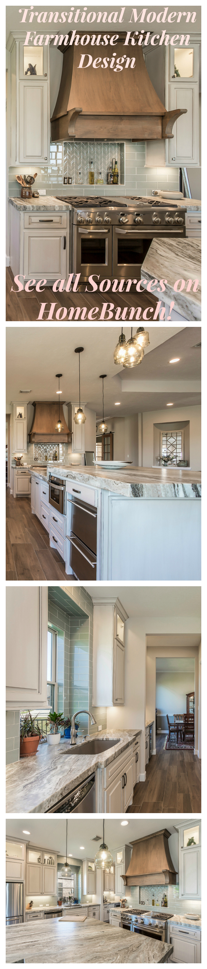 Transitional Modern Farmhouse Kitchen Design. See paint colors, backsplash, countertop, lighting and flooring sources on Home Bunch