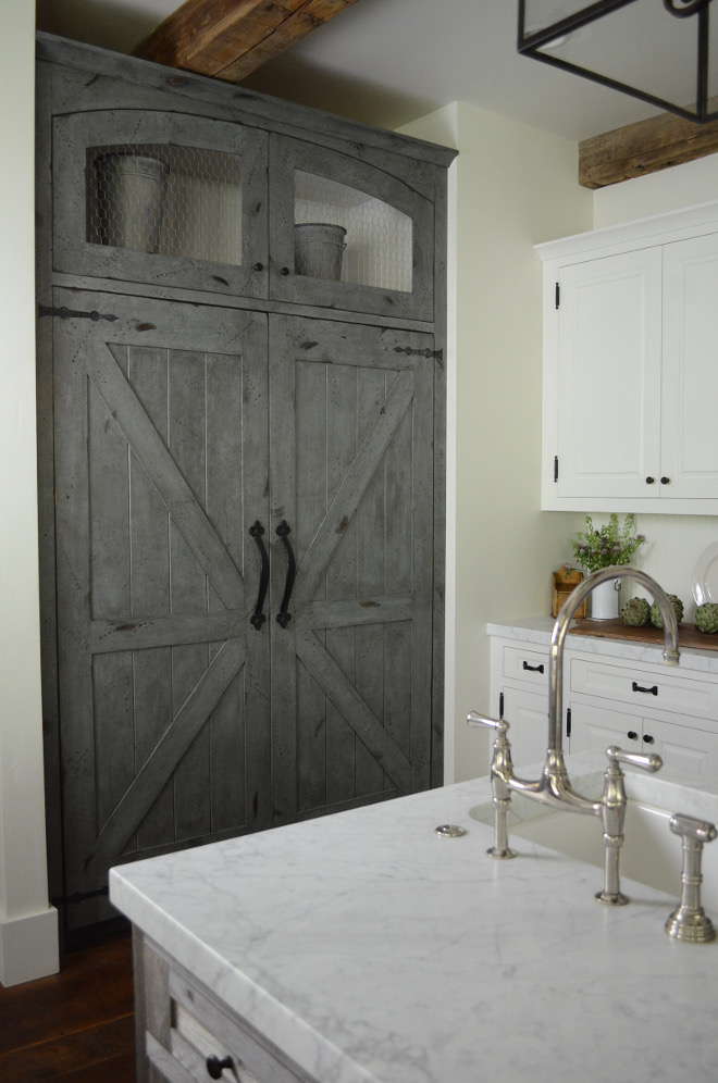 Barn Door Inspired Fridge Panel. We did not think that a large stainless steel refrigerator would work with this kitchen design, so we used the Thermador column refrigerator and freezer and had custom wood panels made to create a barn door look. #BarnDoor #FridgePanel Beautiful Homes of Instagram @SanctuaryHomeDecor