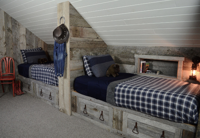 Barnwood Bunk Beds. Barnwood Bunk Beds. We used reclaimed barn wood for the beds and added larger planks on the walls. Reclaimed Barnwood Bunk Beds. Rustic Barnwood Bunk Beds #Barnwood #BunkBeds Beautiful Homes of Instagram @SanctuaryHomeDecor
