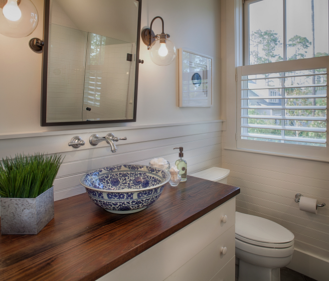 Blue and white sink. Blue and white vessel sink. Vessel sink. Bathroom with blue and white vessel sink #vesselsink #sink #bathroom #blueandwhite #blueandwhitesink #blueandwhitevesselsink Lisa Furey of Barefoot Interiors