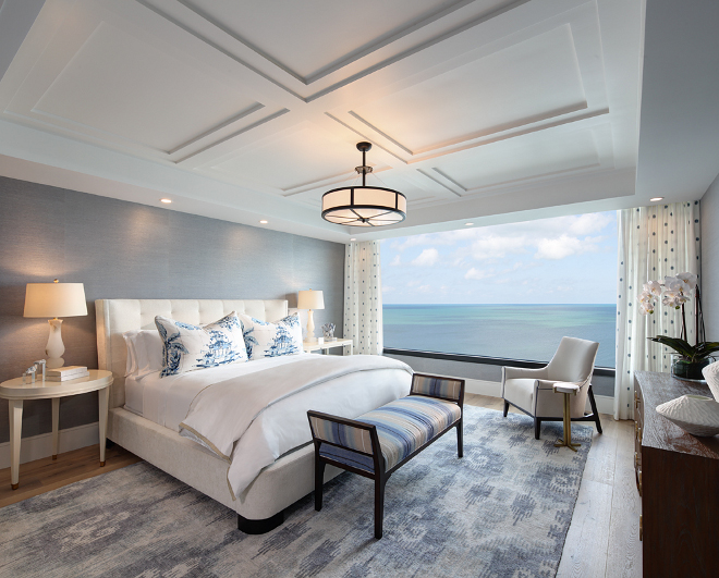 Condo Bedroom. Condo Bedroom. Soft, serene and peaceful with a stunning view of the Gulf. Condo Bedroom. Wallcovering: Manilla Hemp in Cloudless from Phillip Jeffries. - Rug: The Rug Company. - Traversing Drapery Side Panels are custom in Designer’s Guild fabric. #CondoBedroom #Bedroom W Design