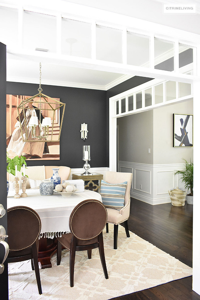 Dining room paint color. Dark paint color in dining room contrasting with neutral color. I am loving the contrast the dark paint color in the dining room creates against the neutral color on the remaining walls. Dark paint color Cracked Pepper PPU18-1 by Behr. Neutral wall paint color Benjamin Moore Collingwood. #diningroom #paintcolor #darkpaintcolor #neutralcolor #colorcontrast Beautiful Homes of Instagram @citrineliving Home Bunch