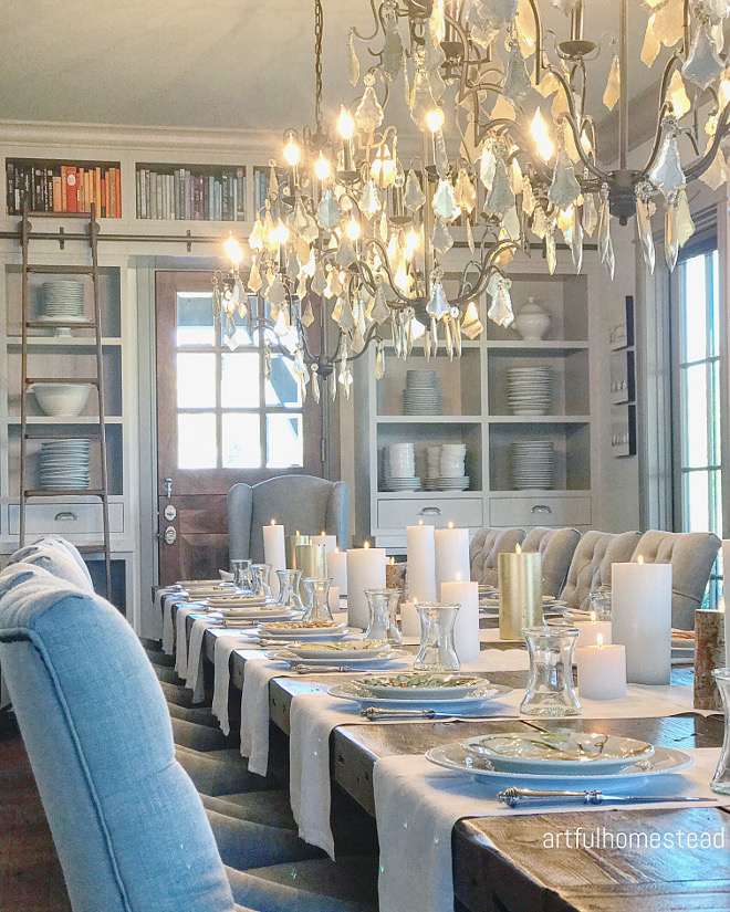 Dining room with three chandeliers. The three chandeliers are from Restoration Hardware #diningroom #chandeliers @artfulhomestead