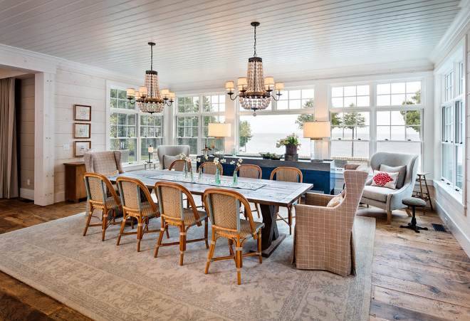 Dining room. Hamptons style Dining room. Hamptons style Dining room with beadboard ceiling and whitewashed shiplap #Hamptonsstyle #Diningroom #beadboardceiling #shiplap Mitch Wise Design,Inc.