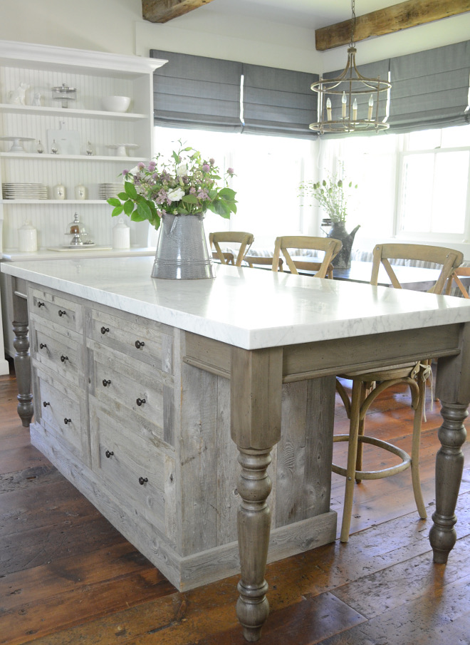 Driftwood Kitchen Island. Driftwood Shiplap Kitchen Island with white marble countertop. Driftwood Kitchen Island. Driftwood Kitchen Island #DriftwoodKitchen #DriftwoodKitchenIsland #DriftwoodshiplapKitchenIsland #Driftwood #Kitchen #Island Beautiful Homes of Instagram @SanctuaryHomeDecor