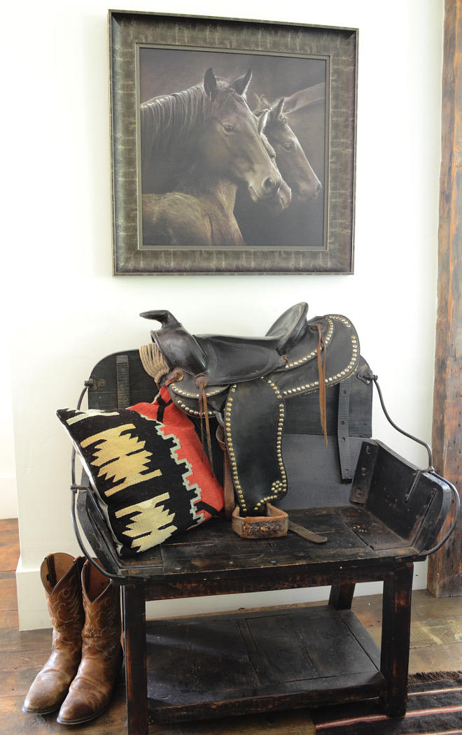 Esquetrian Interior Design Ideas. Horse Settle Interior. Horse Art. Horse Framed Art. Cowboy Boots #EsquetrianInterior #EsquetrianInteriorDesign #EsquetrianInteriorDesignIdeas Beautiful Homes of Instagram @SanctuaryHomeDecor